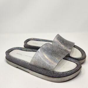Melissa Away To Mars Silver Glitter Beach Slide Cushioned Sandal Women Size 7